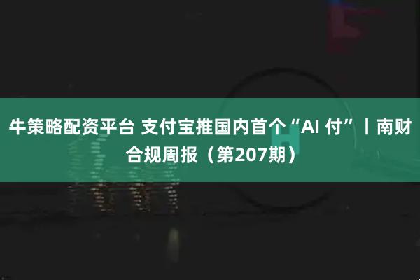 牛策略配资平台 支付宝推国内首个“AI 付”丨南财合规周报（第207期）